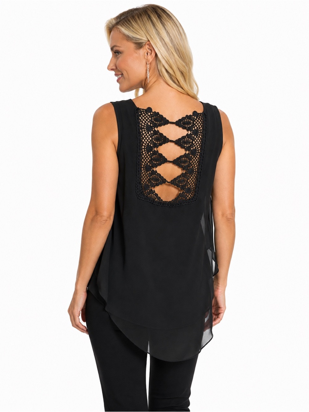 AGB Size Medium Black Chiffon Layered Asymmetrical Crochet Back Sleeveless Top